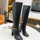 Women Shoes Leather Boots High Heels High Embossed Hexagon Black