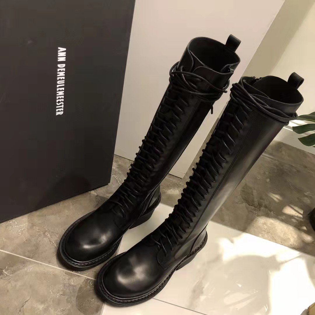 Ann Demeulemeester High Boots Women's Shoes Black Lace-up Side Zip Closure Round Toe