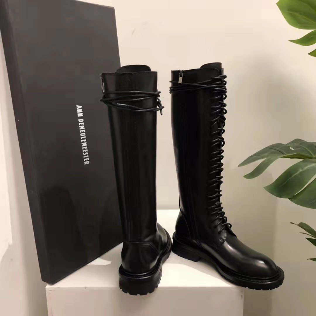 Ann Demeulemeester High Combat Boots Black Genuine Leather Women's Shoes