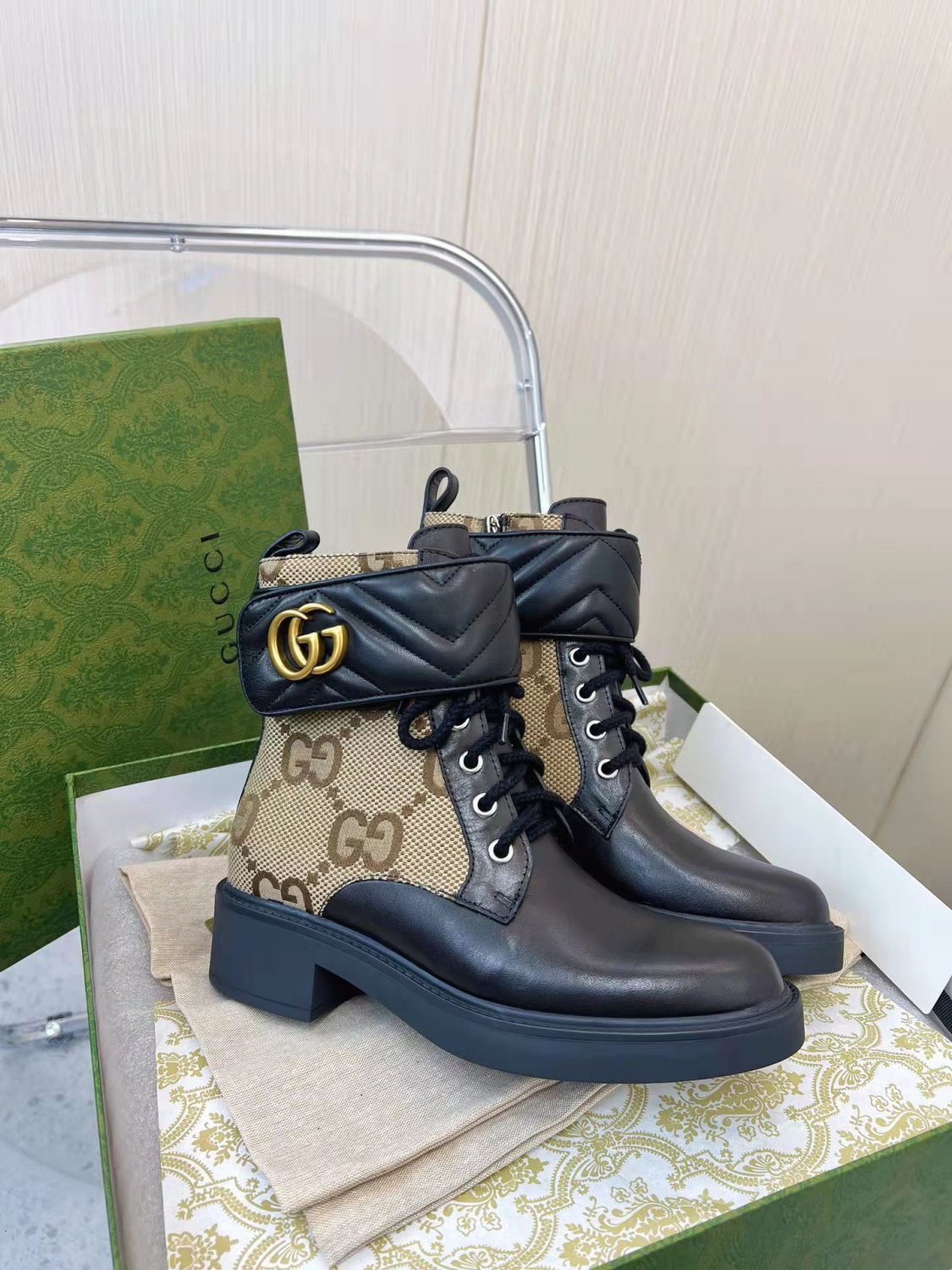 Women's Shoes Ankle Boots With Double G Leather Gg Canvas