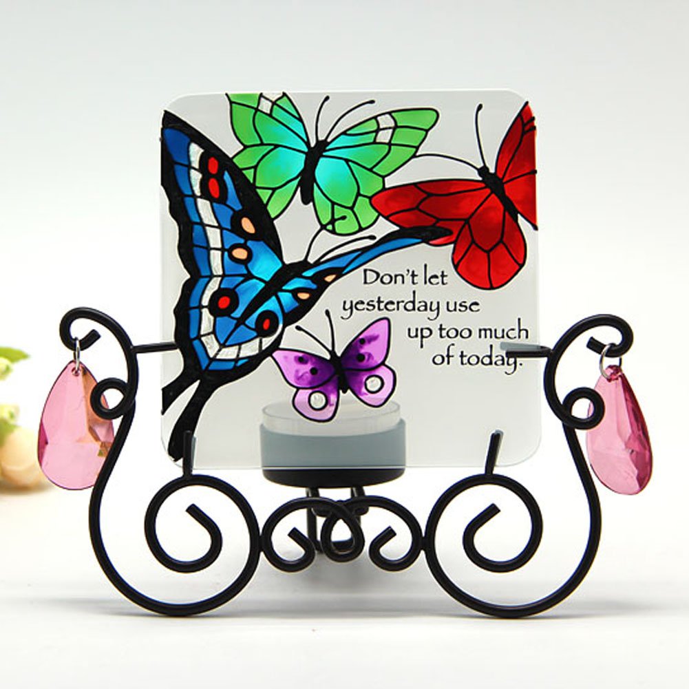 Acever 4-inch Handpaint glass panel for Desktop Decoration and Candle Holder (Butterfly)
