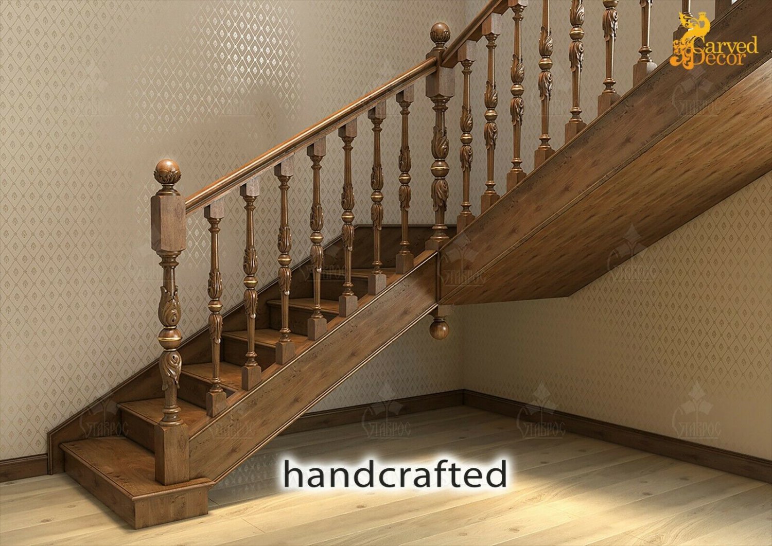 Architectural wood stair newel post design - Wooden stair parts (Set of 2)