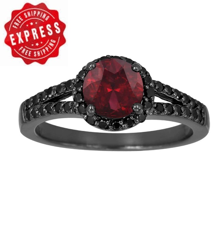 Red Garnet 925 Sterling Solid Silver Black Finish Her Engagement Ring