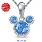 925 Sterling Silver March Month Birth Stone Aquamarine Mickey Mouse Pendant