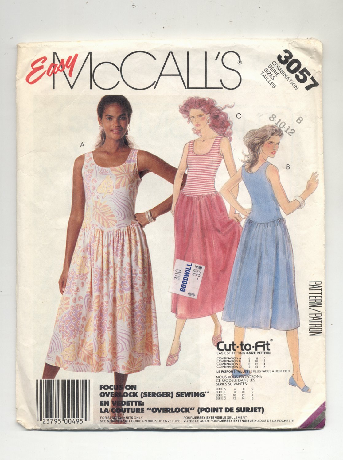 McCALL'S EASY PATTERN #3057 MISSES STRETCH KNIT DRESS SIZE B 8-12 CUT ...