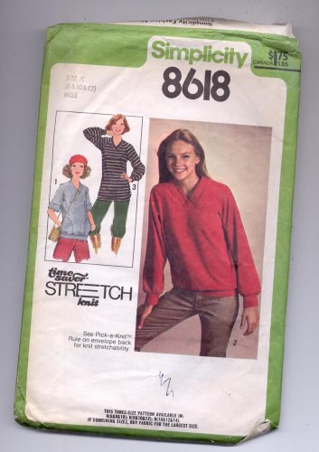 SIMPLICITY PATTERN #8618 MISSES PULLOVER KNIT TOPS TWO LENGTHS SIZE 8-12 CUT 1978 OOP~VINTAGE