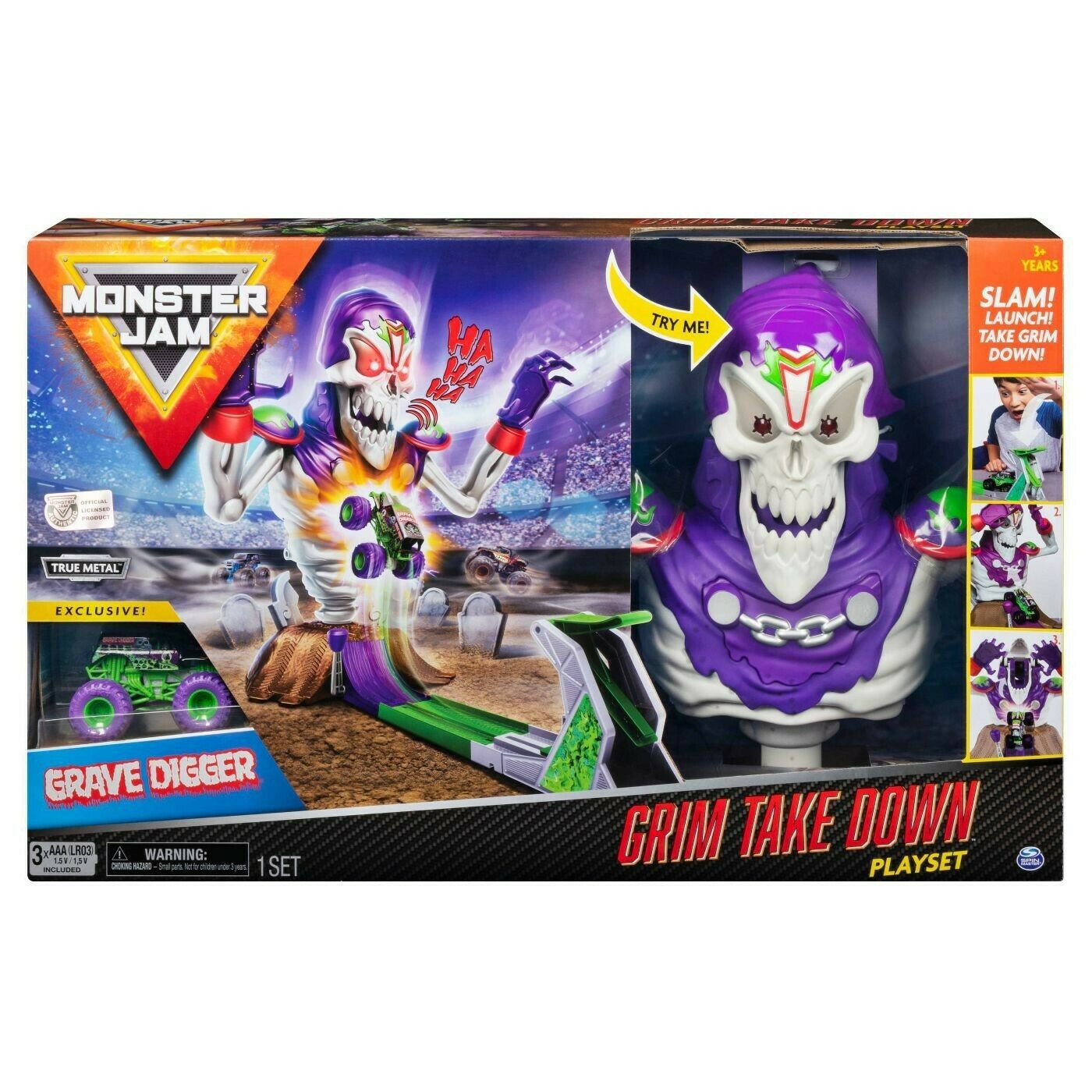 Monster Jam Grim Take Down Playset & Exclusive 1:64 Die-Cast Grave Digger New