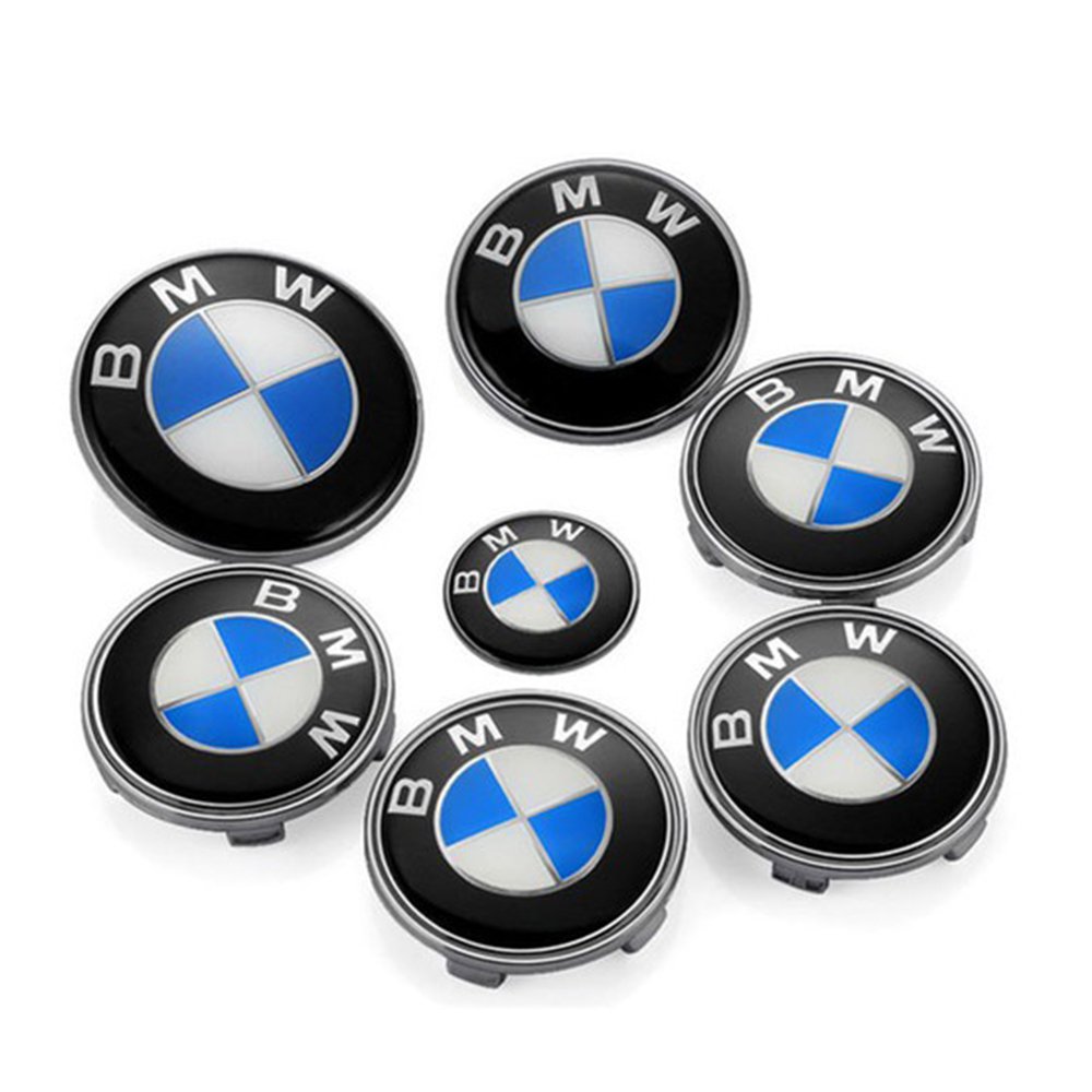 BMW Blue Black White Set of 7pcs Front Rear Back Steering Wheel Hubcap Emblem Logo
