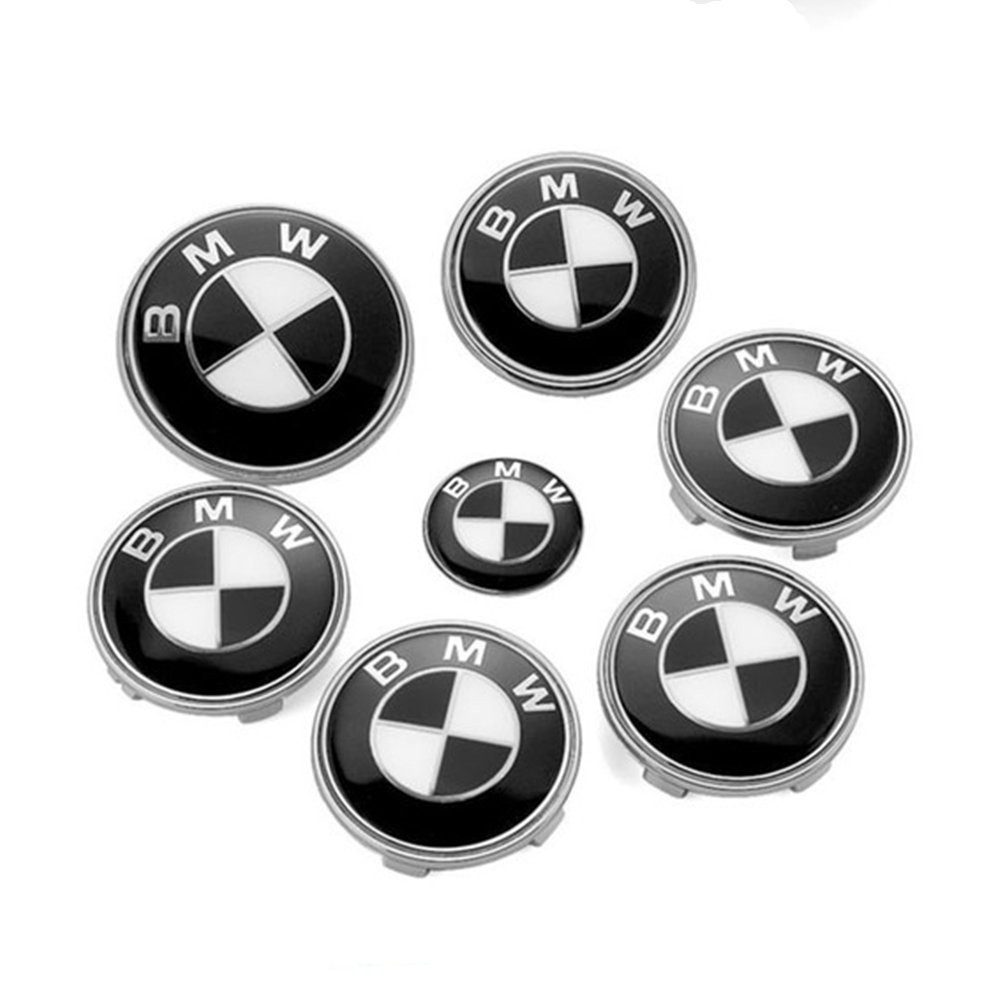 BMW Black White Set of 7pcs Front Rear Back Steering Wheel Hubcap Emblem Logo