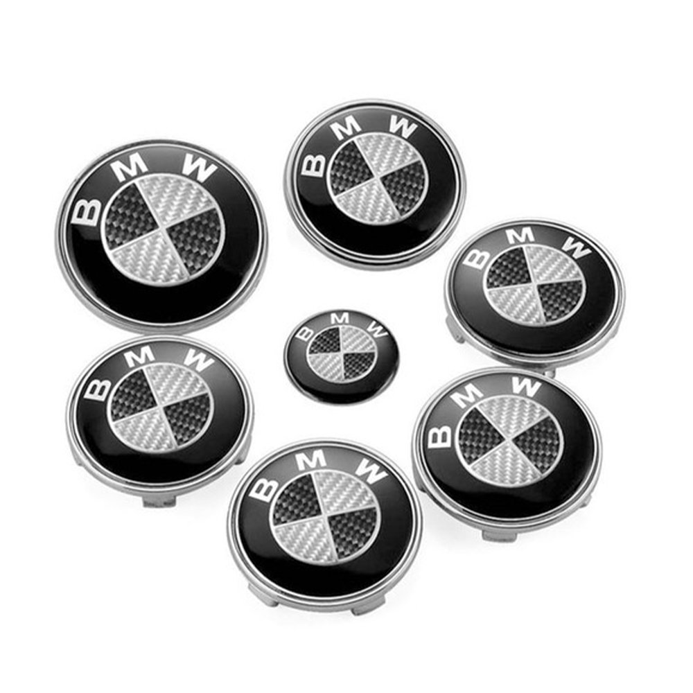 BMW Black White Carbon Set of 7pcs Front Rear Back Steering Wheel Hubcap Emblem Logo