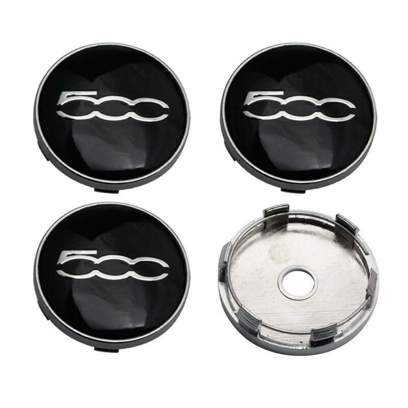 60mm Fiat 500 Black Silver Hubcap Wheel Cover Center Cap Set