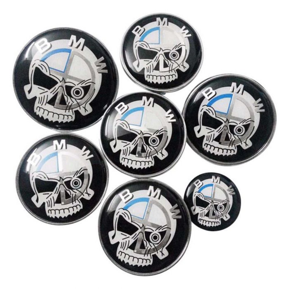 Set of 7pcs BMW Skull Black White Emblem Logo Set for Hubcaps Steering Wheel Front Back
