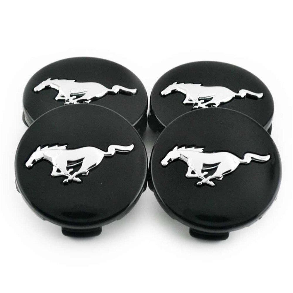 55mm Mustang Black Silver Hubcap Wheel Cover Center Cap Set