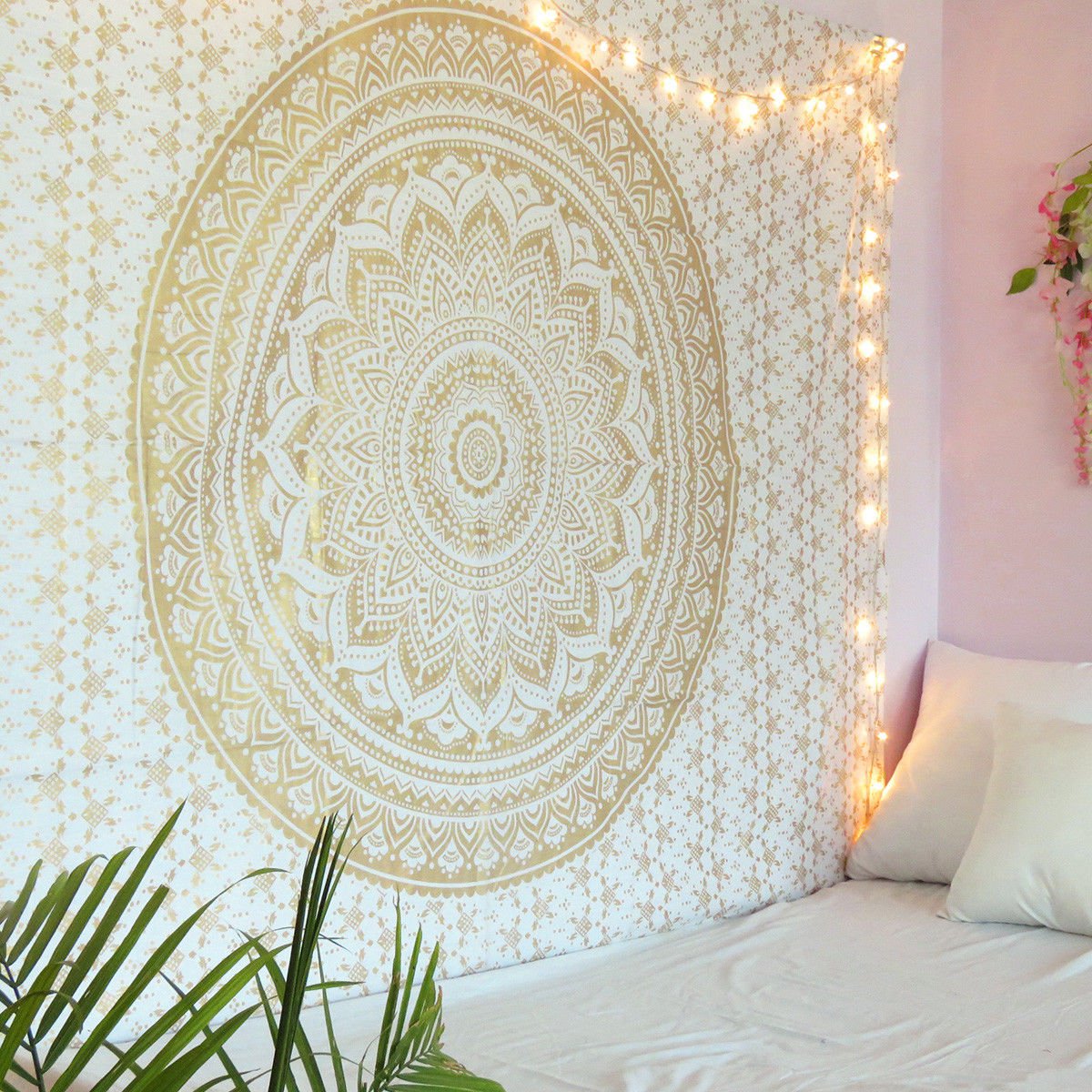 White and Gold Mandala Tapestry Wall Hanging Boho Bedspread Twin Tapestry