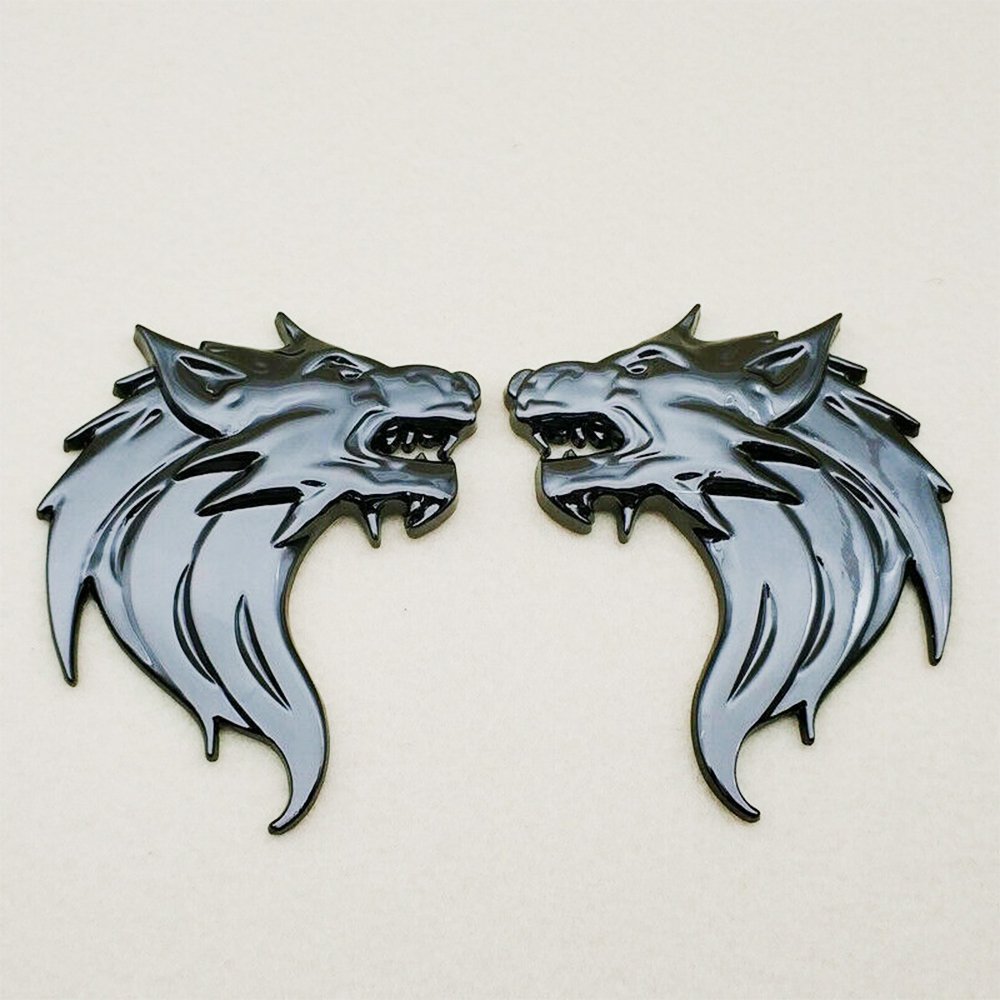 Pair Black Metal 3D Wolf Head Auto Car Motorcycle Emblem