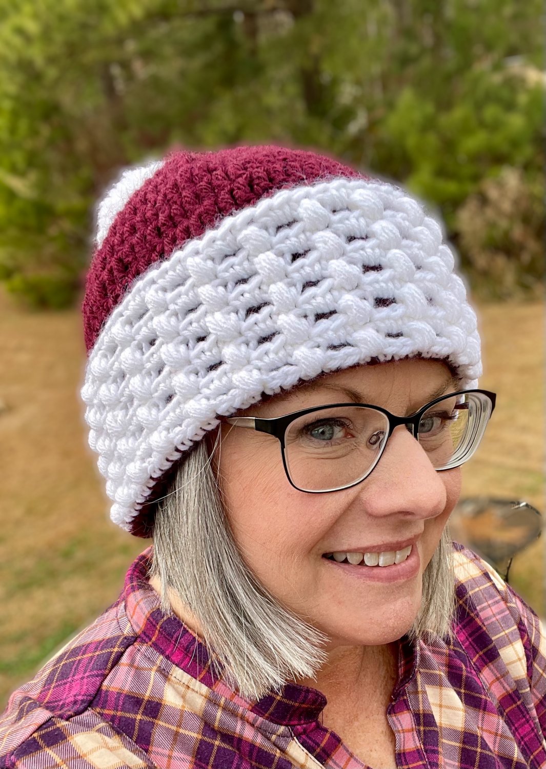Dark Red and White Crocheted Bean Stitch Hat with Pom Pom