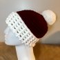 Dark Red and White Crocheted Bean Stitch Hat with Pom Pom