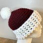 Dark Red and White Crocheted Bean Stitch Hat with Pom Pom