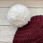 Dark Red and White Crocheted Bean Stitch Hat with Pom Pom
