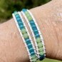 Leather Double Wrap Sea Glass Beads Blue Green Bracelet