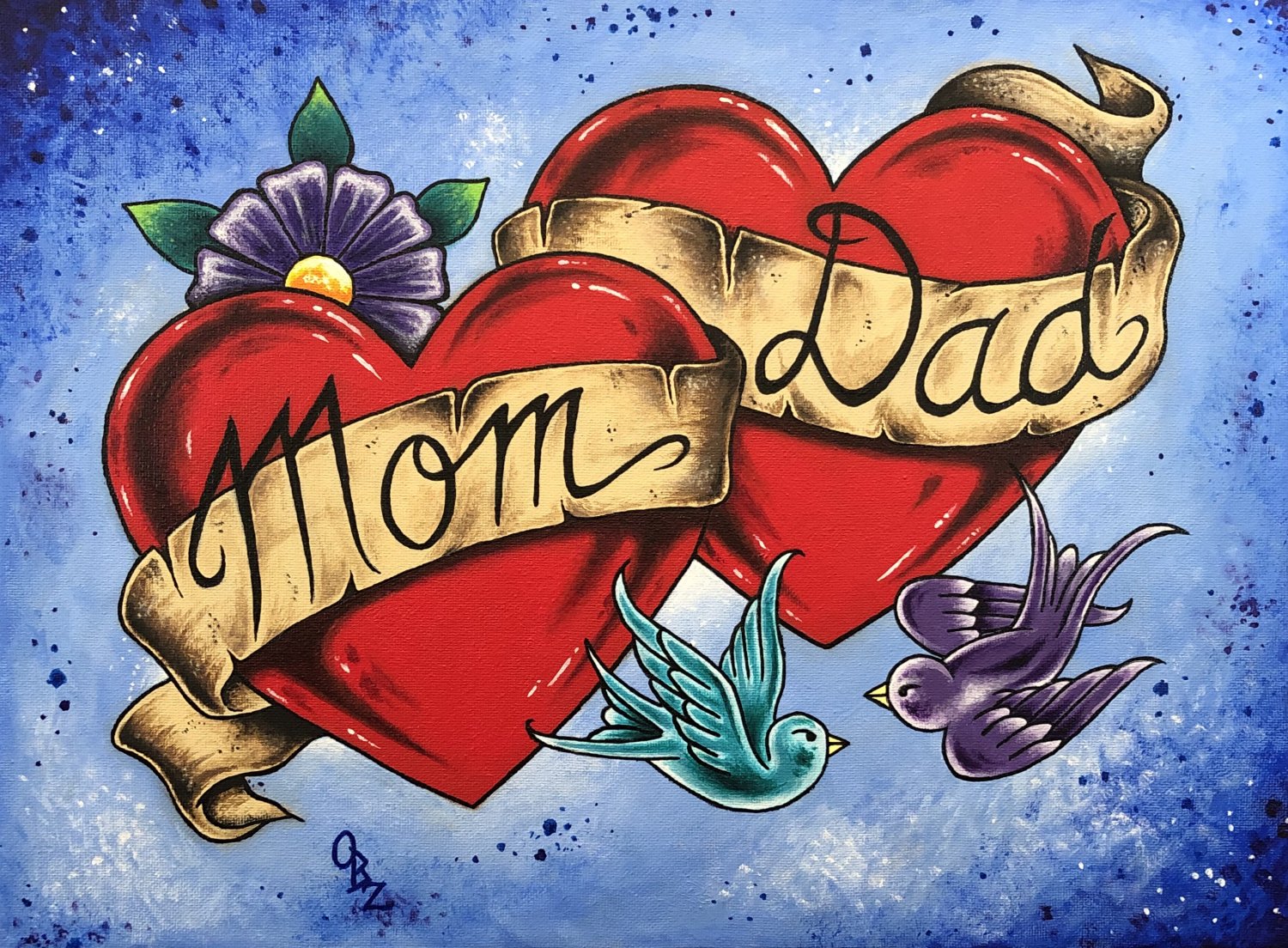 âMom and Dadâ Tattoo style Art with Ribbon and Love Birds Art Print