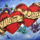 “Mom and Dad” Tattoo style Art with Ribbon and Love Birds Art Print