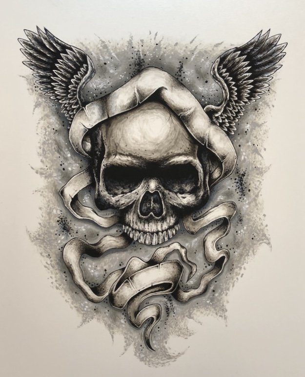 âWings of Destinyâ Skull with Wings and Ribbon Art Poster Print