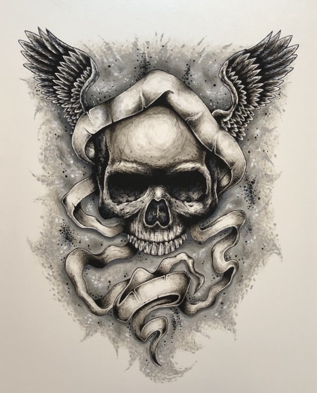 âWings of Destinyâ Skull with Wings and Ribbon Art Poster Print