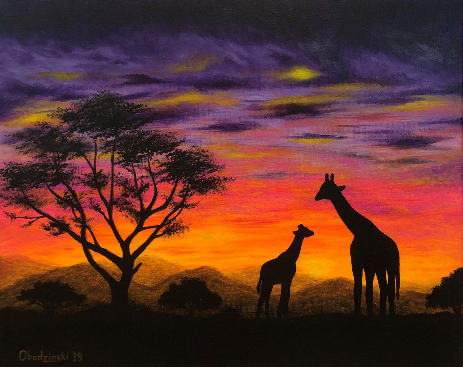 "Giraffe Sunest" African themed Scenic Sunset Art Poster by Gregg's Deep Colors