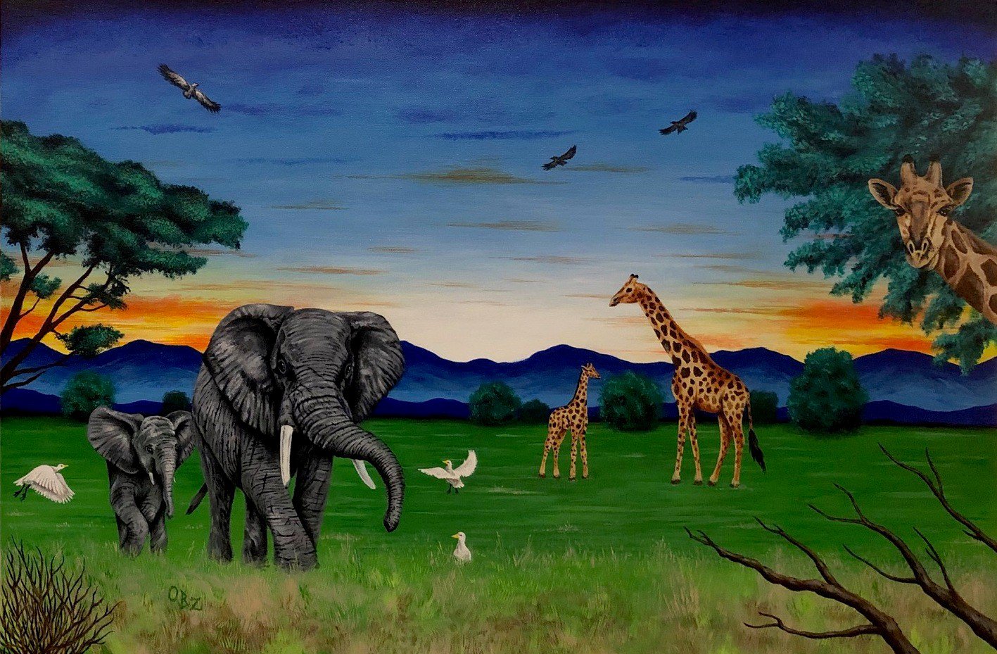 "African Sunset" African Safari with Elephants and Giraffes Art Poster Print by Gregg's Deep Colors