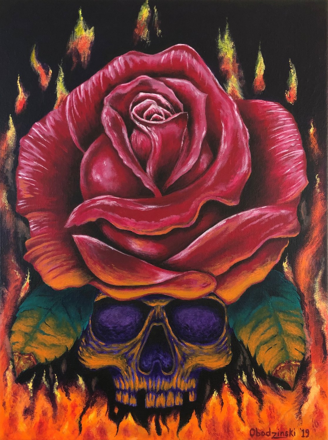 "Up in Flames' Skull and Red Rose in Flames Artwork Poster Print by Gregg's Deep Colors