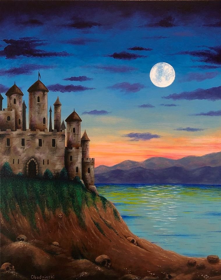 "Castle Island" Castle on an Ocean Island with Sunset Artwork Poster Print by Gregg's Deep Colors
