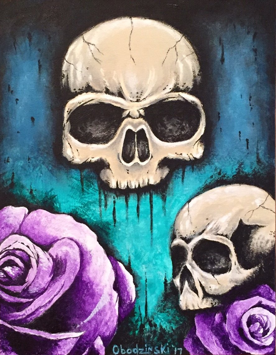 "Skulls with Roses" Two Skulls with two pink Roses Artwork by Gregg's Deep Colors