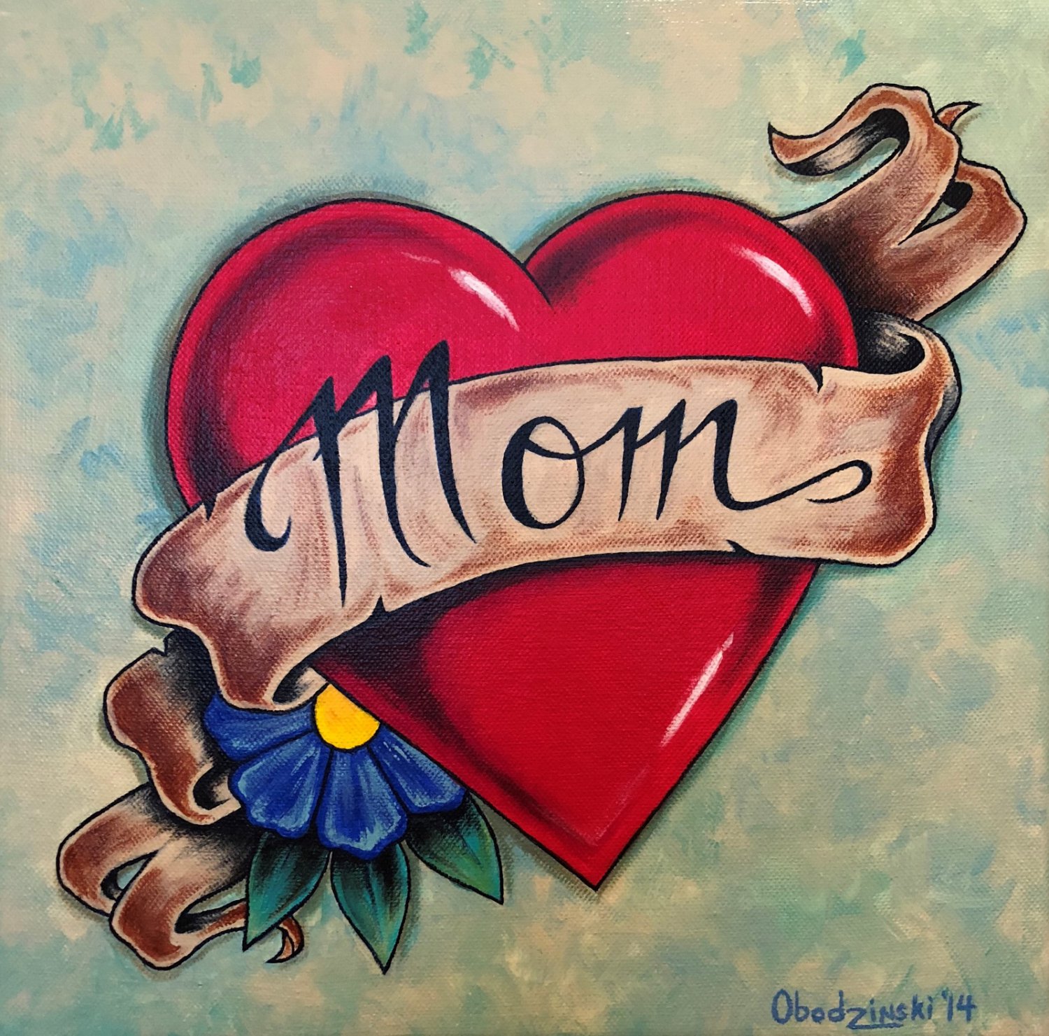 "Mom and Dad'' Tattoo Style Heart with Ribbon Artwork by Gregg's Deep Colors