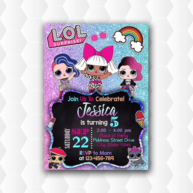 Lol Doll Characters Glitter Birthday Invitation For Girl