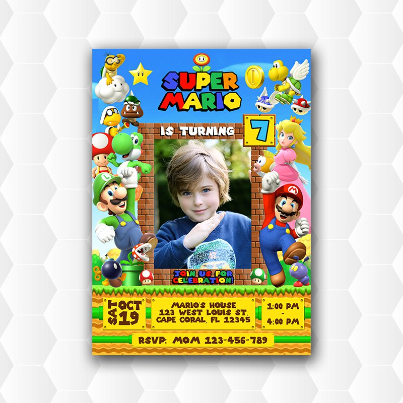 Super Mario and Luigi Birthday Invitations With Photo, Super Mario Invitation