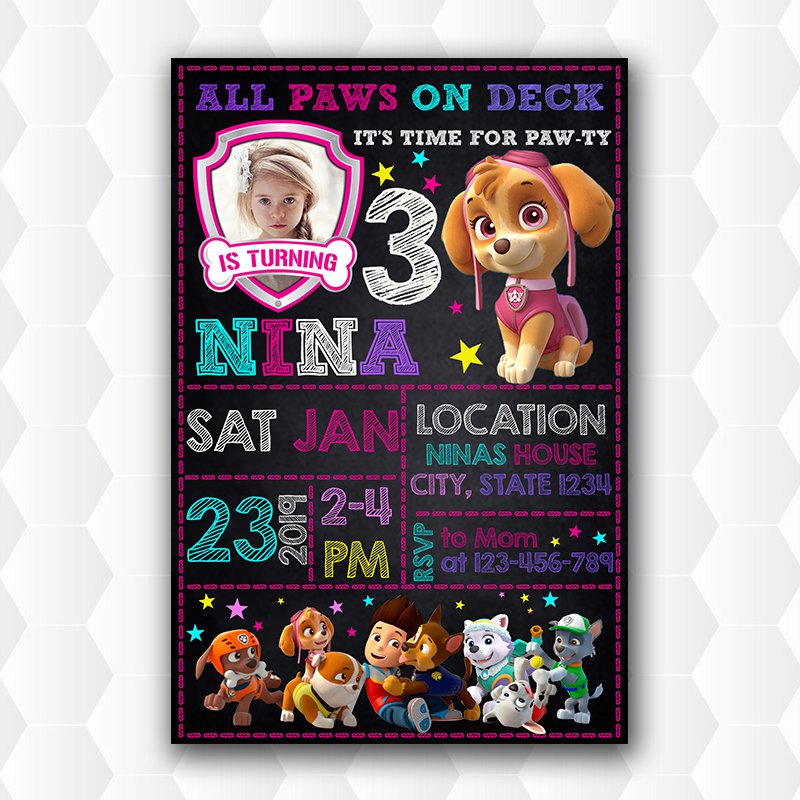 Skye Paw Patrol Birthday Invitations, Paw Patrol Invitation For Girl With Photo