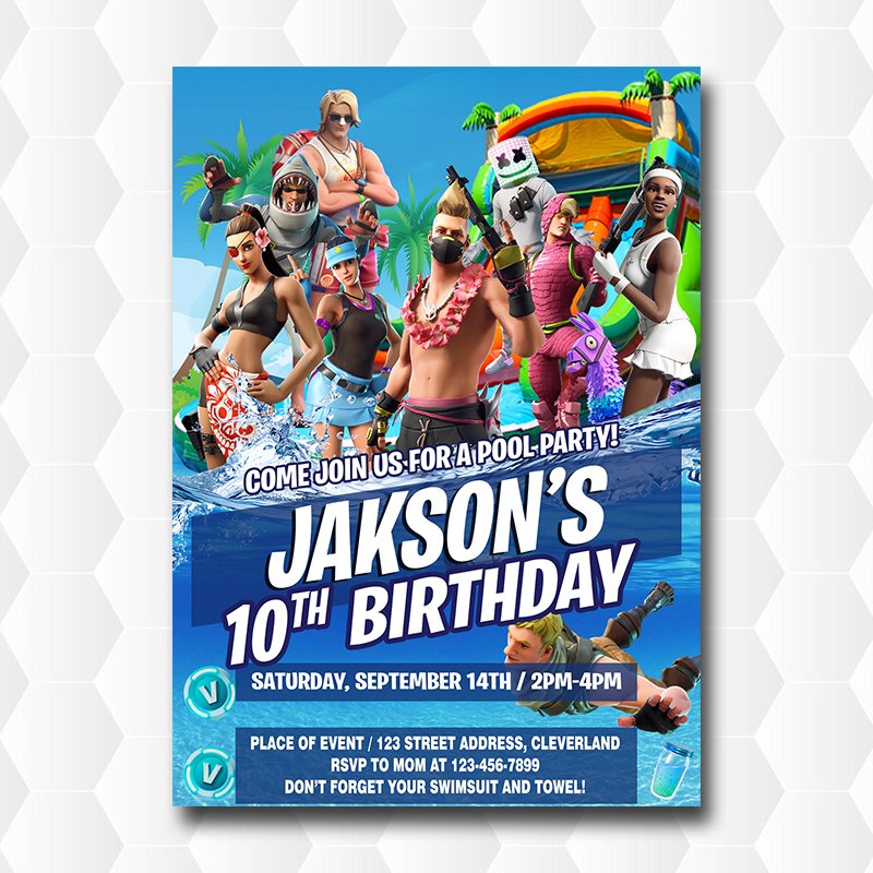 Fortnite Pool Party Birthday Invitation