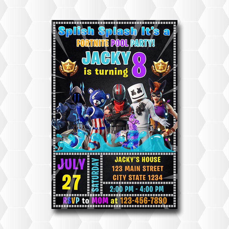 Marshmello Fortnite Birthday Pool Party Invitation