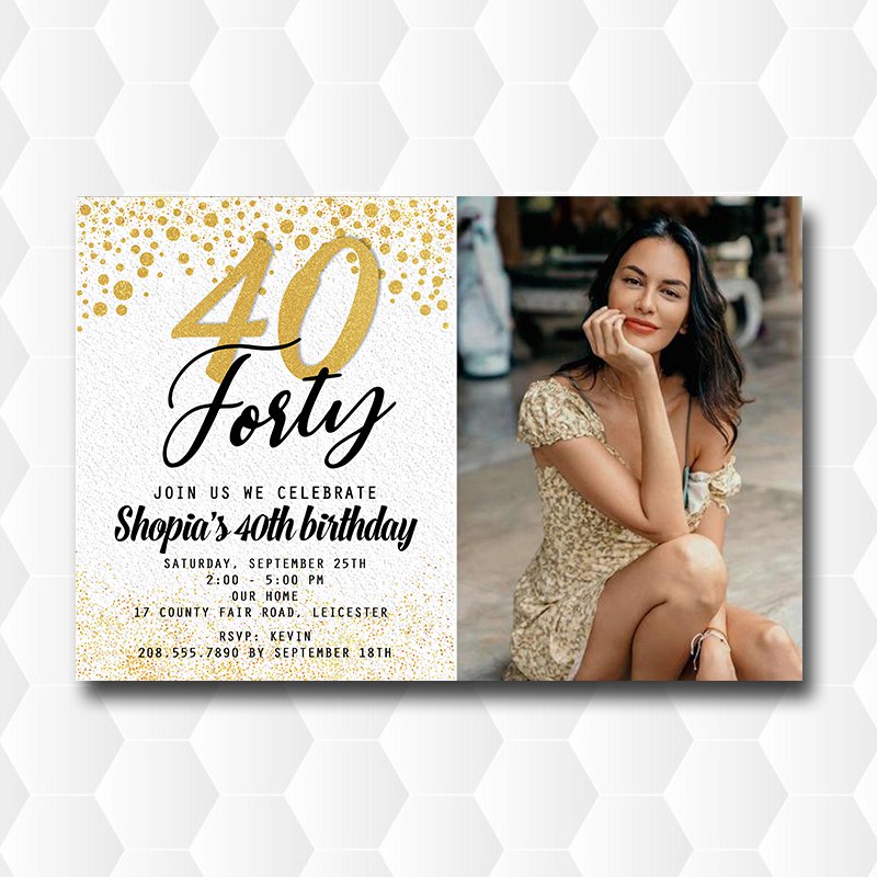 Gold Glitter 40th Birthday Invitation, Forty Birthday Invitations With Photo