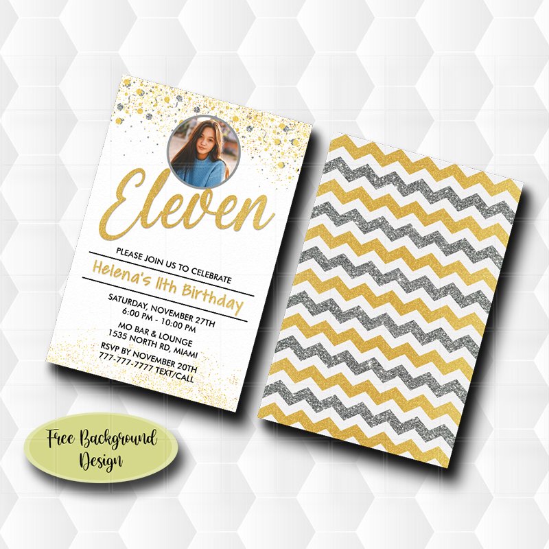 11TH Birthday Invitation Gold Glitter With Photo