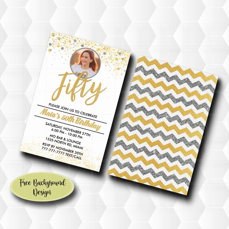 50TH Birthday Invitation Gold Glitter With Photo