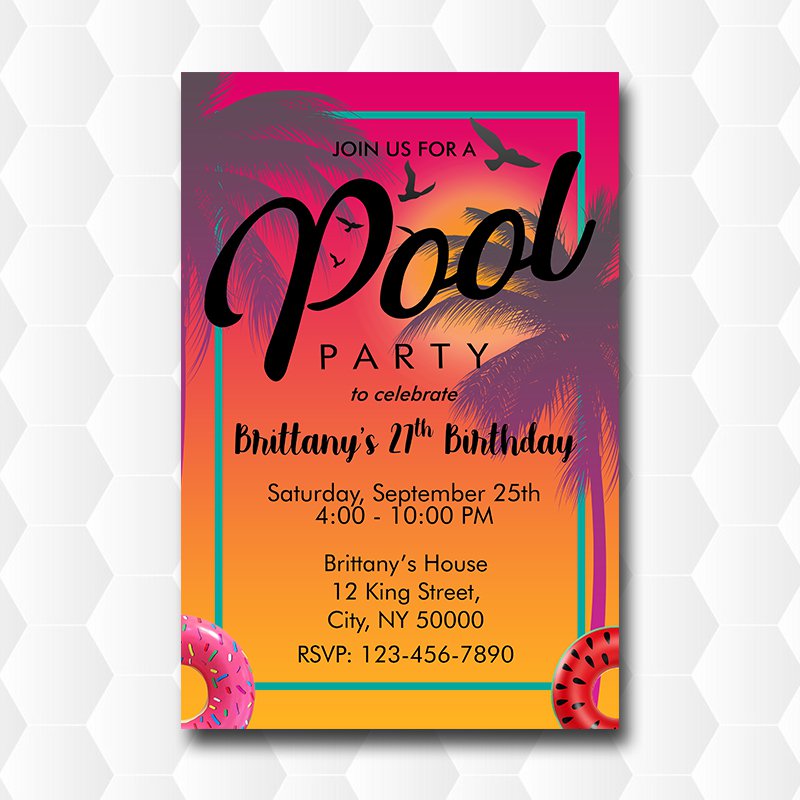 27TH Birthday Invitations Pool Party