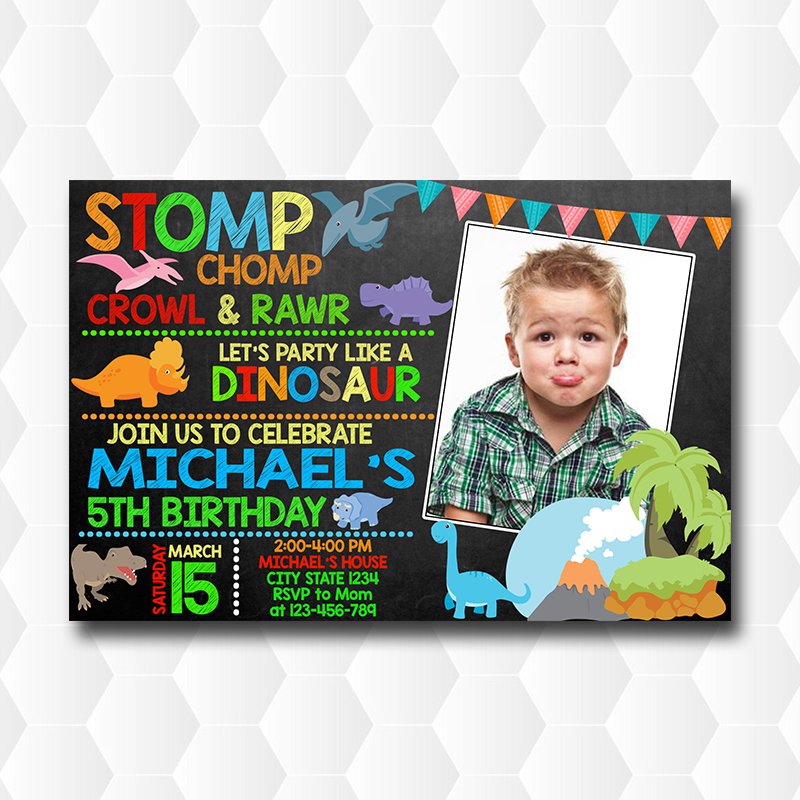 Dinosaur Character Birthday Invitation With Photo