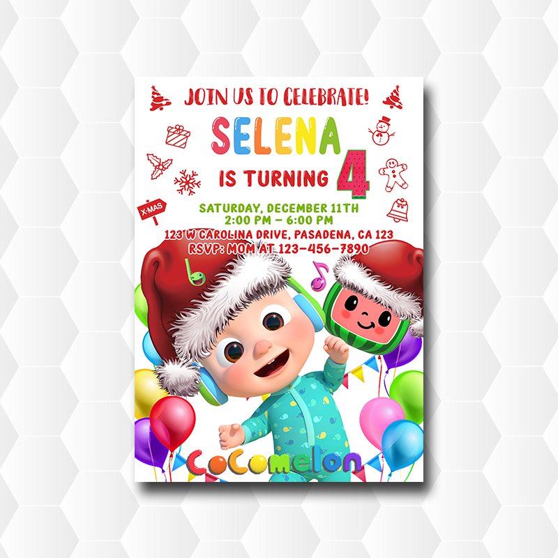 Cocomelon Christmas Party Birthday Invitation