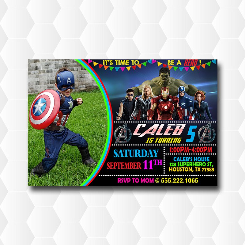 Super Hero Avengers Birthday Invitation With Photo