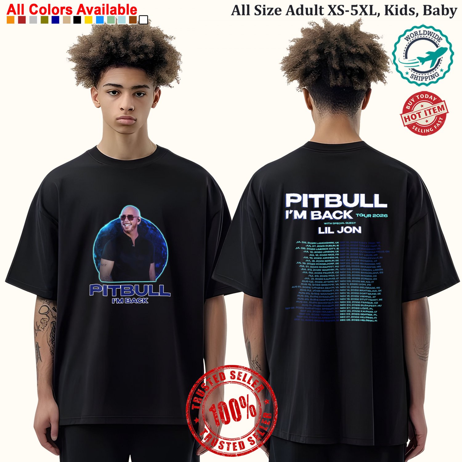 PITBULL THE I&acirc;��M BACK TOUR WITH LIL JON 2026 T-Shirt Adult S-5XL Youth Babies Toddler