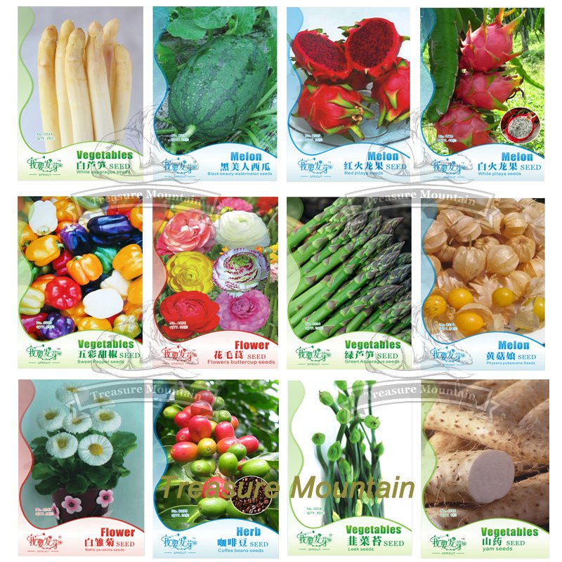 JMS 12 Original Packs, White Asparagus Seeds Watermelon Pitaya Bell Pepper Flowers Coffee Bean Veget
