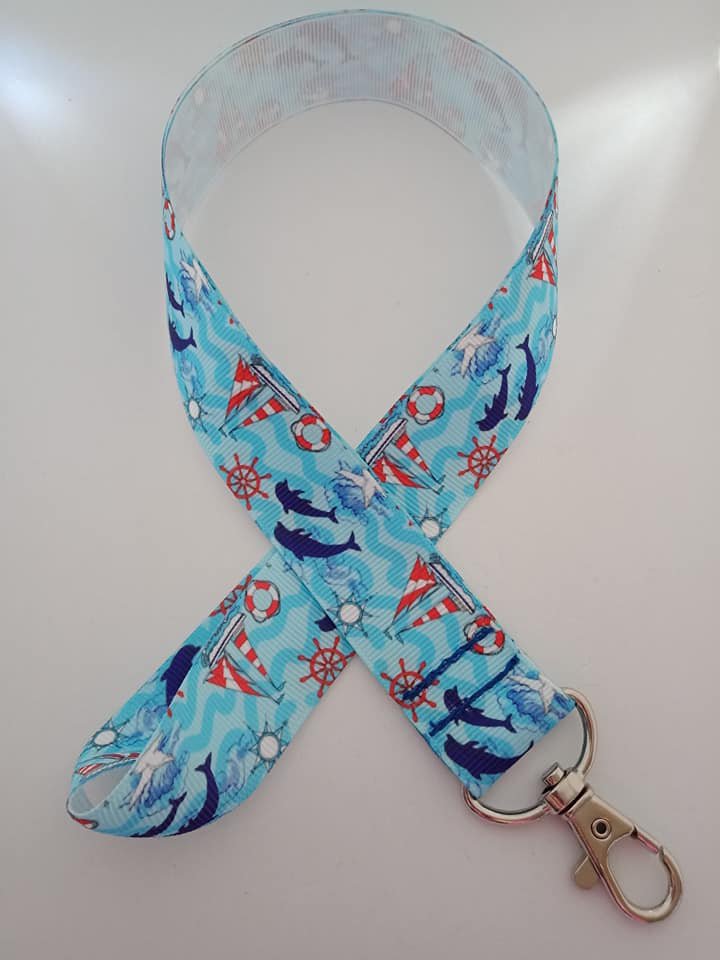 Blue dolphin / navigation / sailing print lanyard / ID holder / badge holder