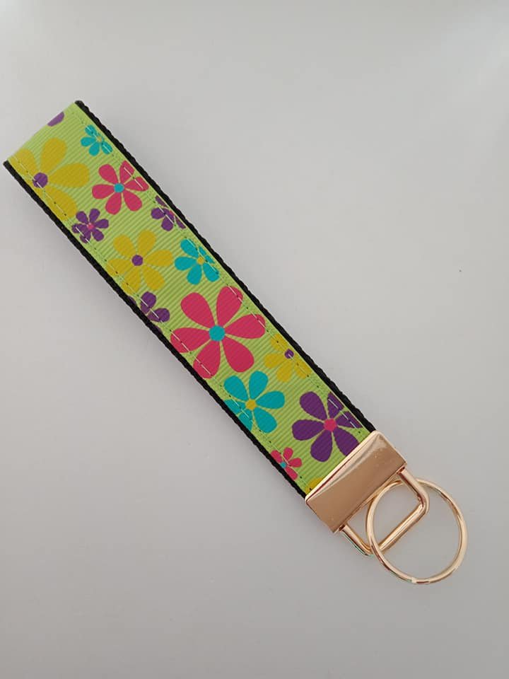 Bright green flower print key fob wristlet